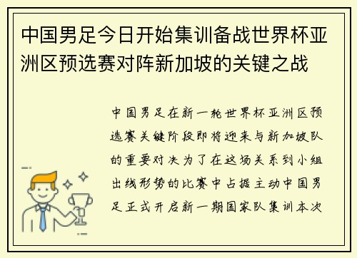 中国男足今日开始集训备战世界杯亚洲区预选赛对阵新加坡的关键之战