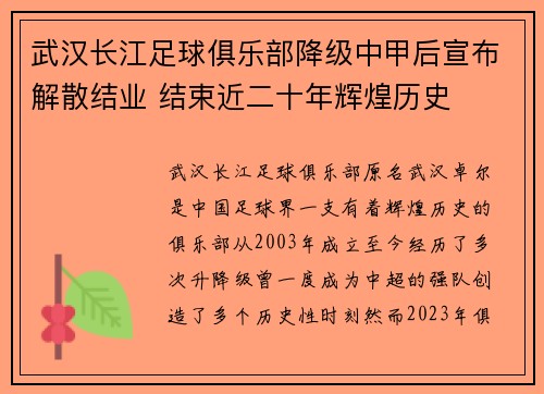 武汉长江足球俱乐部降级中甲后宣布解散结业 结束近二十年辉煌历史